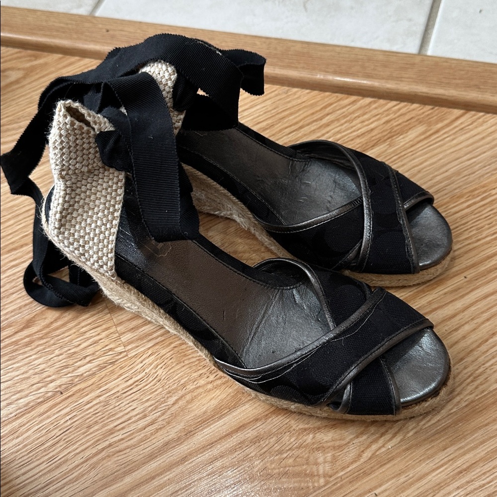 Coach Mila Signature Platform Ankle Wrap Espadrille Wedge Sandals